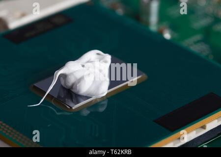 Extruded on the processor chip. For cooling. Computer assembly stage. Part of laptop Stock Photo