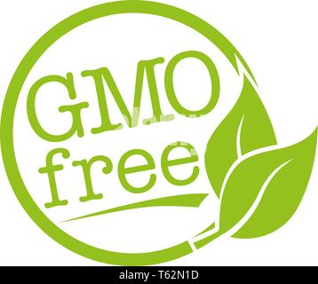 round green label with leaf and text GMO free for genetically unmodified vector illustration Stock Vector