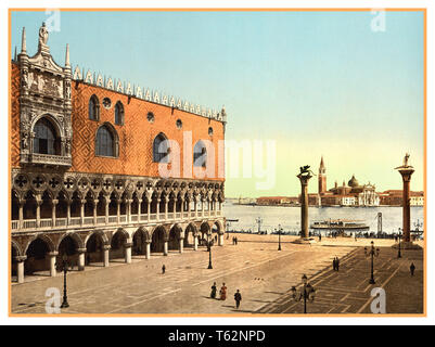 Vintage archive historic Venice Photochrom The Doge's Palace and the Piazzetta Venice with Harbour, San Giorgio Maggiore, Palladian Church in background Saint Marks Square Venice Italy 1890