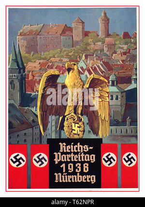Vintage 1930's Nazi Propaganda Postcard Poster REICHSPARTEITAG NUREMBERG illustrating Swastika Banners & German Eagle clutching a gold Swastika emblem Nurnberg Castle Nuremberg NSDAP rally party convention 1938 Stock Photo
