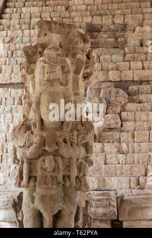 Copan Honduras - Standing stone M, or Stela M, at the foot of the hieroglyphic stairway, Copan mayan ruins UNESCO site, Honduras, Central America Stock Photo