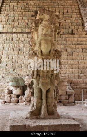 Copan Honduras - Standing stone M, or Stela M, at the foot of the hieroglyphic stairway, Copan mayan ruins UNESCO site, Honduras, Central America Stock Photo