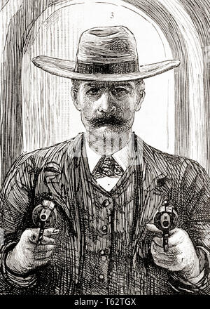 1880s 1890s 1891 DESPERADO WESTERN train robber holding two pistols  aimed at and looking at camera - h9828 HAR001 HARS UNITED STATES HALF-LENGTH PERSONS UNITED STATES OF AMERICA CHARACTER MALES RISK WESTERN PROFESSION ROBBER TRANSPORTATION STEALING B&W THIEF EYE CONTACT MUSTACHE ROBBERY OCCUPATION STRATEGY MUSTACHES AND CAREERS EXCITEMENT PISTOLS REVOLVER AUTHORITY FACIAL HAIR HOLDUP OCCUPATIONS BURGLARY CONCEPTUAL ROBBING ESCAPE STYLISH 1891 AIMED FELONY SIX GUN AMERICAN WEST FIREARM FIREARMS ILLEGAL MID-ADULT MID-ADULT MAN PISTOL BANDIT BLACK AND WHITE CAUCASIAN ETHNICITY HAR001 Stock Photo