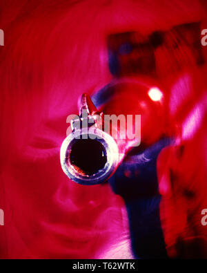 1970s MUZZLE OF GERMAN LUGER AUTOMATIC PISTOL GUN POINTED AT THE CAMERA RED OVERLAY OF WOMAN’S FACE DANGER  - kg5895 PHT001 HARS SYMBOLS WOMAN'S DANGEROUS DEATH AUTOMATIC POWERFUL POINTED AT OF THE HOLDUP SPIES CONCEPT CONCEPTUAL MUZZLE STILL LIFE CLOSE-UP ESCAPE OVERLAY VIEWER SYMBOLIC CONCEPTS FIREARM FIREARMS GRAPHIC DESIGN LUGER MAYHEM MURDER PISTOL SEMIAUTOMATIC THREAT THREATENING TONE ASSAULT OLD FASHIONED REPRESENTATION Stock Photo