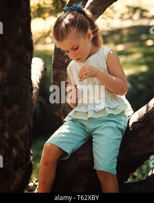 1960s GIRL WEARING BLUE BERMUDA SHORTS RUFFLED TOP SITTING ON TREE TRUNK HOLDING LEAF SPRING SUMMER DAY - kj3416 FTZ001 HARS SPIRITUALITY SHADE DISCOVERY LEAF REFLECTIVE THINK NAIVE PONYTAIL REFLECTING PONDER PONDERING CONSIDER LOST IN THOUGHT TRUSTING BERMUDA SHORTS CURIOUS IMAGINATION CONTEMPLATIVE MEDITATE GROWTH JUVENILES MEDITATIVE RUFFLED YOUNGSTER CAUCASIAN ETHNICITY CONSIDERING CURIOSITY INNOCENCE INNOCENT OLD FASHIONED SLEEVELESS Stock Photo