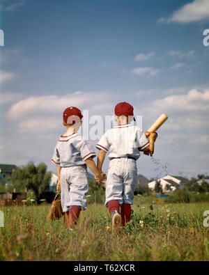 1960s Two Boys Brothers Wearing Little League Baseball Uniforms, Walking Arm in Arm | Large Solid-Faced Canvas Wall Art Print | Great Big Canvas