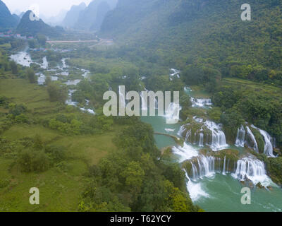 Beautiful waterfall. Ban Gioc waterfall or Detian waterfall is landmark name of two waterfalls in border Cao Bang, Vietnam and Daxin County, China Stock Photo