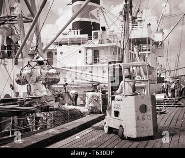 1950s ANONYMOUS MAN DRIVING FORKLIFT TRUCK BUSY LOADING BALES OF CARGO MATERIAL ONTO SMALL GENERAL PURPOSE TRAMP FREIGHTER SHIP  - s12320 HAR001 HARS BLUE COLLAR MATERIAL EXTERIOR LABOR OF EMPLOYMENT OCCUPATIONS ONTO TRAMP CONCEPTUAL MATERIALS ANONYMOUS EMPLOYEE FREIGHTER PURPOSE EXPORT FORKLIFT JITNEY MID-ADULT MID-ADULT MAN POWERED SHIPPING WATERFRONT BALES BLACK AND WHITE HAR001 LABORING OLD FASHIONED VESSEL Stock Photo