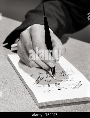 1950s 1960s MALE HAND HOLDING OFFICE DESK PEN DRAWING DOODLING SHAPES CUBES RECTANGLES SCRIBBLES ON PAPER PAD - s13862 HAR001 HARS B&W DREAMS CUBES HIGH ANGLE CREATIVE EXCITEMENT ON OCCUPATIONS CONCEPT CONCEPTUAL DISTRACTION ESCAPE IMAGINATION RECTANGLES SYMBOLIC CONCEPTS CREATIVITY DOODLES IDEAS MIND RELAXATION SCRIBBLE SHAPES BLACK AND WHITE BOREDOM CAUCASIAN ETHNICITY DOODLE HANDS ONLY HAR001 OLD FASHIONED REPRESENTATION Stock Photo
