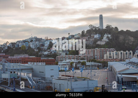 San Francisco, CA, USA -- Jan 25, 2016. Landscape photo of the port of San Francisco early on an overcast winter evening. Stock Photo