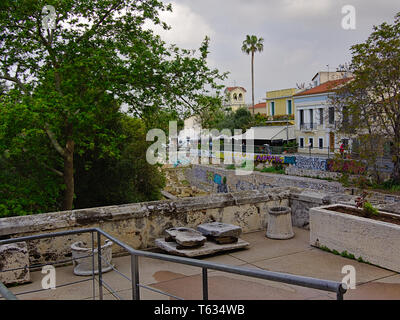 View to Monastiraki area in Athens Greece. Photo taken from Stoa of Attalos monument. Very tall palm tree. Stock Photo