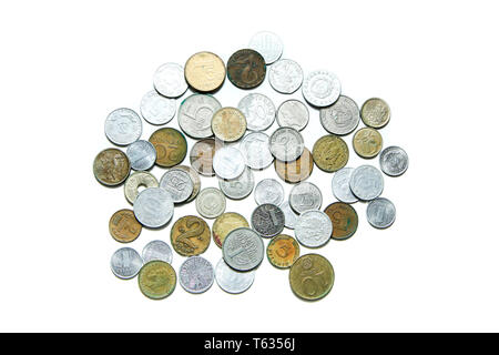 Old, invalid coins from different european countries isolated on a white background. Stock Photo