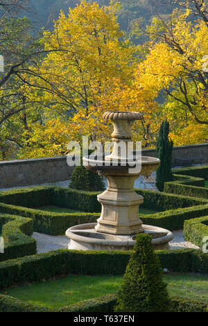 Ksiaz Castle in autumn - a fountain in the garden Stock Photo