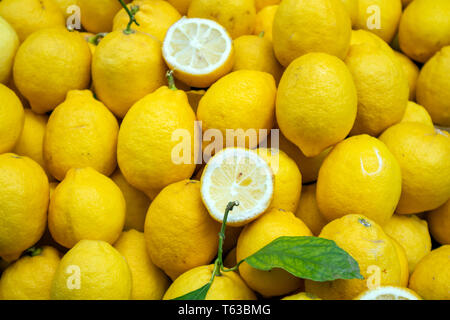 Lemons harvest. Whole lemons and cut background, texture. Closeup view Stock Photo