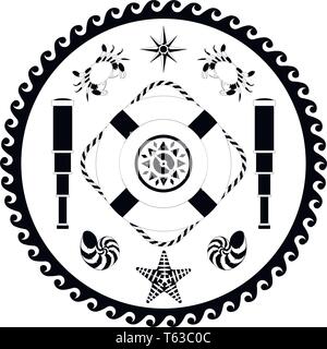 Nautical circle black and white poster. Cartoon style. Compass, compass rose, lifebuoy, telescope, crab, shell, starfish Stock Vector