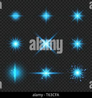 Set of elements glowing blue light burst rays,, stars bursts with sparkles isolated on transparent background. Vector illustration Stock Vector