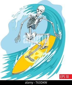 Skeleton surfer on the surf board ride the wave. Vector illustration. Stock Vector
