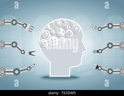 Smart factory concept with robotic arms and ai brain vector illustration Stock Vector