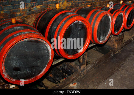 Wine barrels stacked in the old cellar of the winery Stock Photo