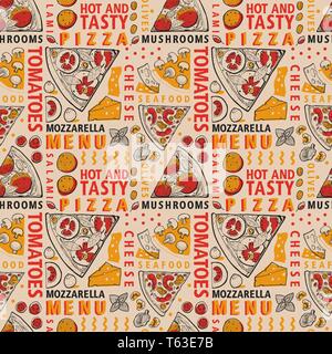 Typographic vector pizza and ingredients seamless pattern. Italian food design template. Hand drawn vector illustration on craft background. Can be us Stock Vector