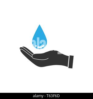 Save water sign. Hand holds water drop icon. Vector illustration, flat ...