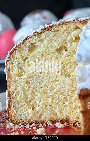 Macro texture of yeast bread, bun, panettone or easter cake. Close up. Selective focus. Stock Photo