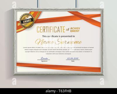 Official vector certificate with red ribbons and realistic grey border hanging on the wall . Business clean modern design Stock Vector
