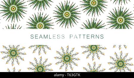 Set of seamless patterns with round floral mandalas. Yoga template. Mandala made of daffodils Stock Vector