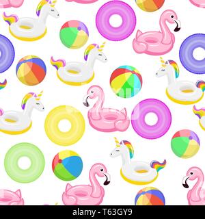 Seamless pattern  inflatable circle, ball, striped pink flamingo and colored unicorn inflatable. Pool float. Inflatable colorful unicorn. Swimming cir Stock Vector