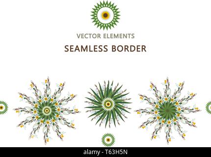 Seamless border with round floral mandalas. Yoga template. Mandala made of daffodils. EPS 10 Stock Vector