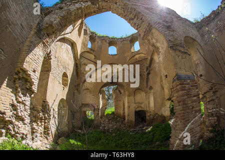 Photo of abandoned church in Devichi, Azerbaijan. Red brick orthodox old church ruins against a landscape. Abandoned places Stock Photo