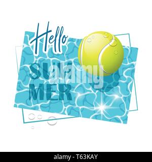 Hello Summer. Solar water surface with a tennis ball and water drops. View from above. Vector illustration. Stock Vector