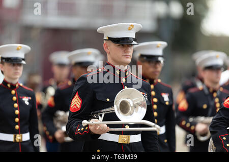 New Orleans, Louisiana, USA - February 23, 2019: Mardi Gras Parade, Members of the United States Marine Corps Marching Band performing at the mardi gr Stock Photo