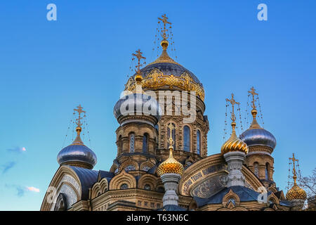 Ornate golden domes and crosses of the Russian Orthodox Church of the Assumption of Mary on the river Neva in Saint Petersburg Russia Stock Photo