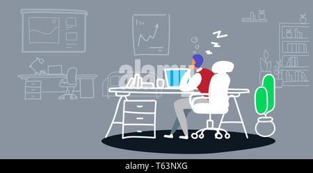 overworked businessman sleeping on workplace tired business man sitting at office and resting during work day boring job concept sketch doodle Stock Vector