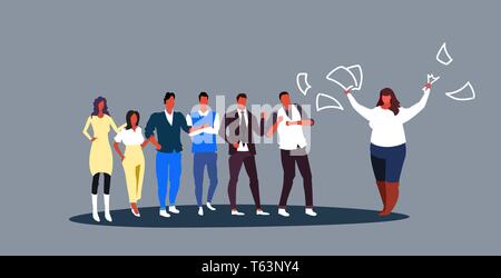 unsatisfied fat woman boss throwing paper documents screaming on frustrated workers bad job concept angry employer shouting employees sketch Stock Vector
