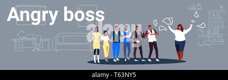unsatisfied fat woman boss throwing paper documents screaming on frustrated workers bad job concept angry employer shouting employees co-working Stock Vector