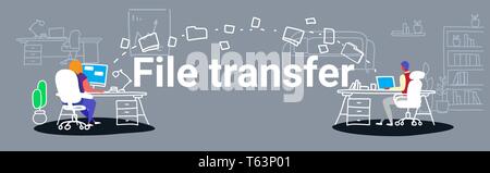 man woman transferring data folders sharing work files colleagues sitting at workplace using cloud network system file transfer concept workspace co Stock Vector