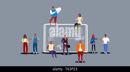 people group using tablet computer social media network communication concept digital device screen mobile application development full length sketch Stock Vector