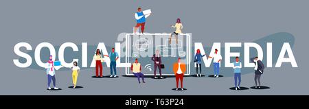 people group using tablet computer social media network communication concept digital device screen mobile application development full length sketch Stock Vector