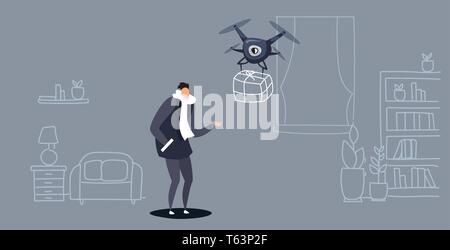 casual man getting parcel gift box from quadcopter express air mail drone delivery concept modern apartment living room interior sketch doodle Stock Vector