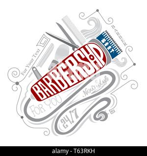 barbershop lettering on hair clipper and different barber's equipment Stock Vector