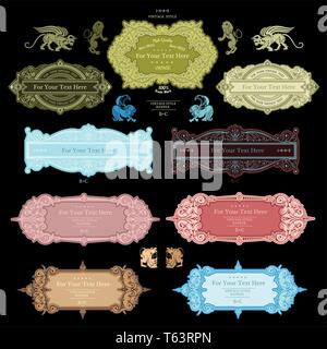 big set of royal vintage banner or frame from floral and line pattern Stock Vector