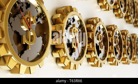 Gear shaped clocks with dollar sign. Earth map at the center. 3D illustration. Stock Photo