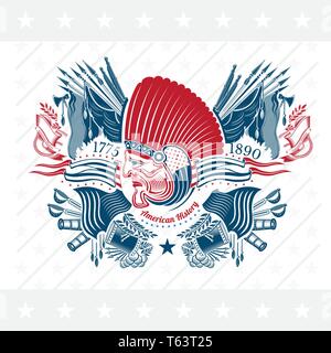 Indian head with flags and weapons around. American history style. Military background Stock Vector