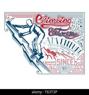 man climbing with ax vintage label Stock Vector