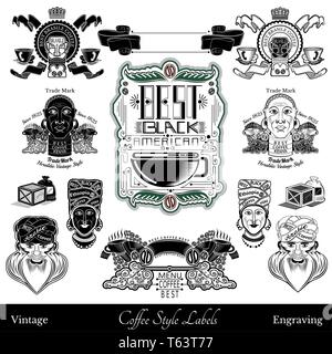 Set of coffee labels and elements from different part of world. isolated black on white Stock Vector