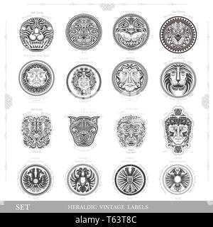 set of color vintage royal labels with lion eagle and man faces Stock Vector