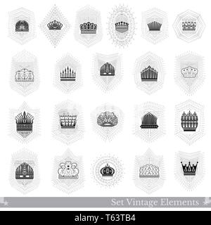 Set of different crowns with light ray isolated on white Stock Vector
