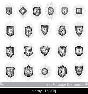 Set of different geometric shields with light ray. Hipster style templates with numbers Stock Vector